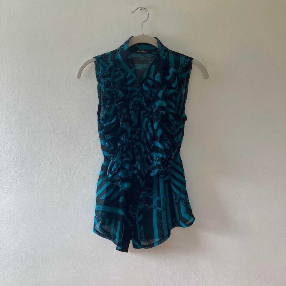 vintage black and blue ruffle blouse
